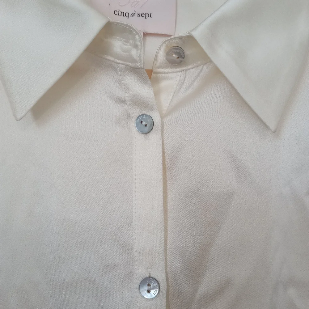 Cinq à Sept Silk Fiona Satin Cinched Sleeve Blouse Top Ivory